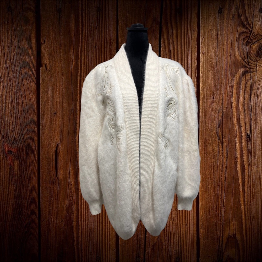 Vintage Venesha Cardigan Cream Angora Wool Blend Embroidered L